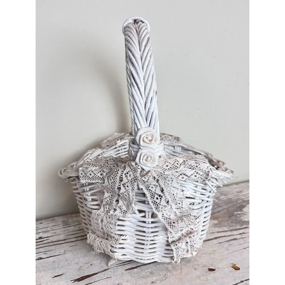 Vintage Shabby White Wicker Rosette Accent Lace Bowed Wicker Cottage Basket 13”
